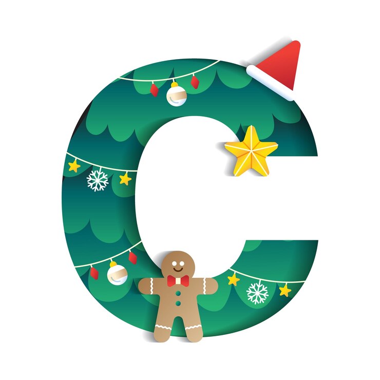 Vector c alphabet font cute merry christmas gingerbread man star christmas hat element cartoon 3d paper