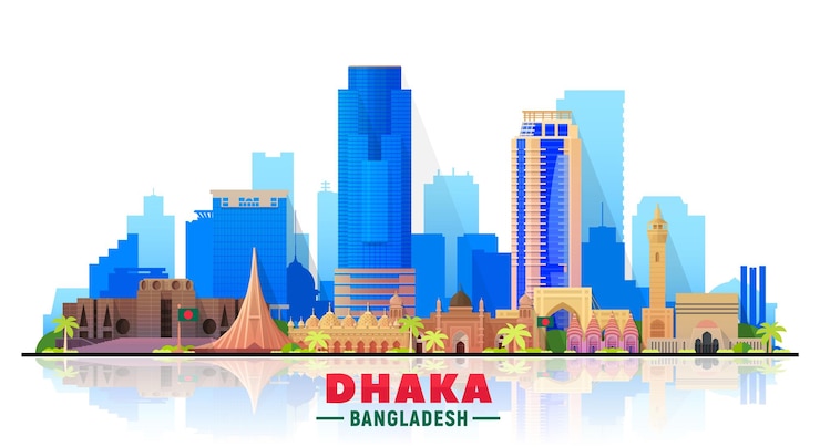 Vector cakrawala dhaka bangladesh dengan panorama berlatar belakang putih. ilustrasi vektor. konsep perjalanan bisnis dan pariwisata dengan bangunan modern. gambar untuk banner atau situs web.