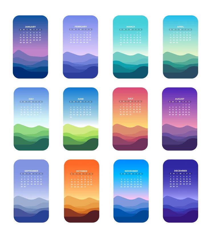 Calendar cards with abstract illustrations for all months