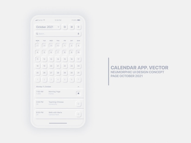 Calendar Mobile App Page October With Task Manager Conceptual UI UX Neumorphic Design Template