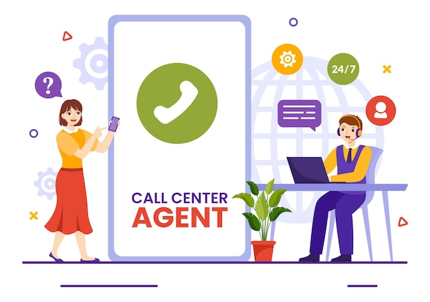 Call Center Agent Illustration of Customer Service or Hotline Operator with Headset and Computer