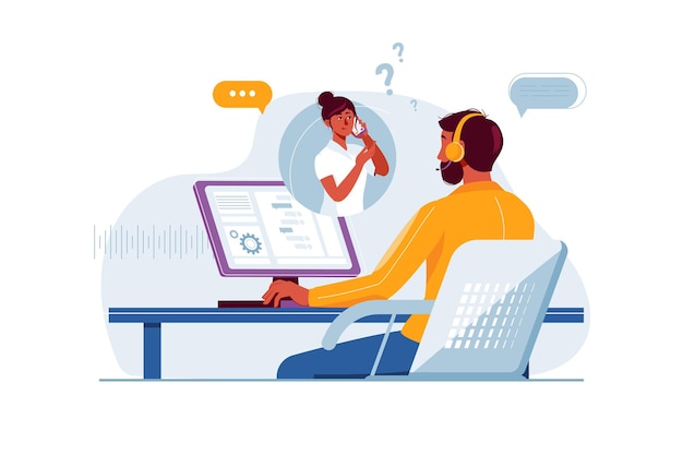 Call center concept with people scene in the flat cartoon design A call center employee listens