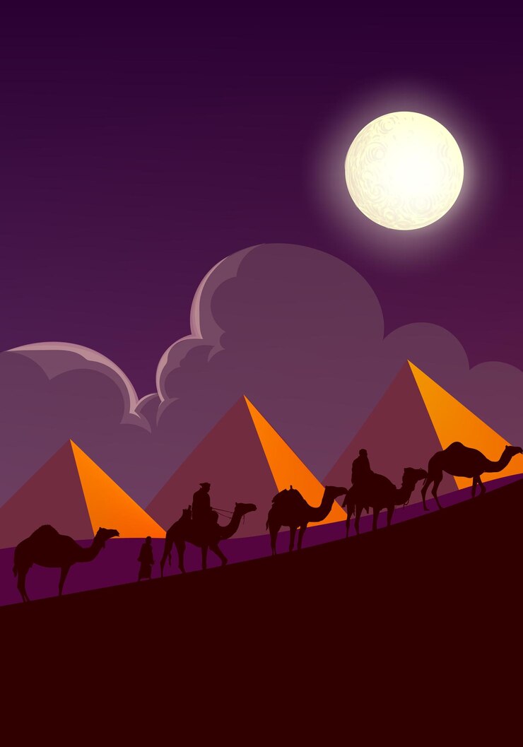 Vector camel caravan silhouettes going through the desert landsacpe illustration use for islamic design