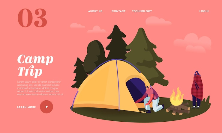 Vector camping landing page template. young man character set up tent for spending time at summer camp in forest. woman wrapped in plaid, summertime vacation, hiking. cartoon people vector illustration