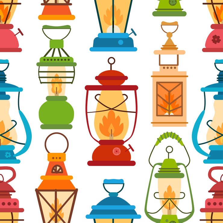 Vector camping lantern pattern in flat style.  seamless background with camp equipment.