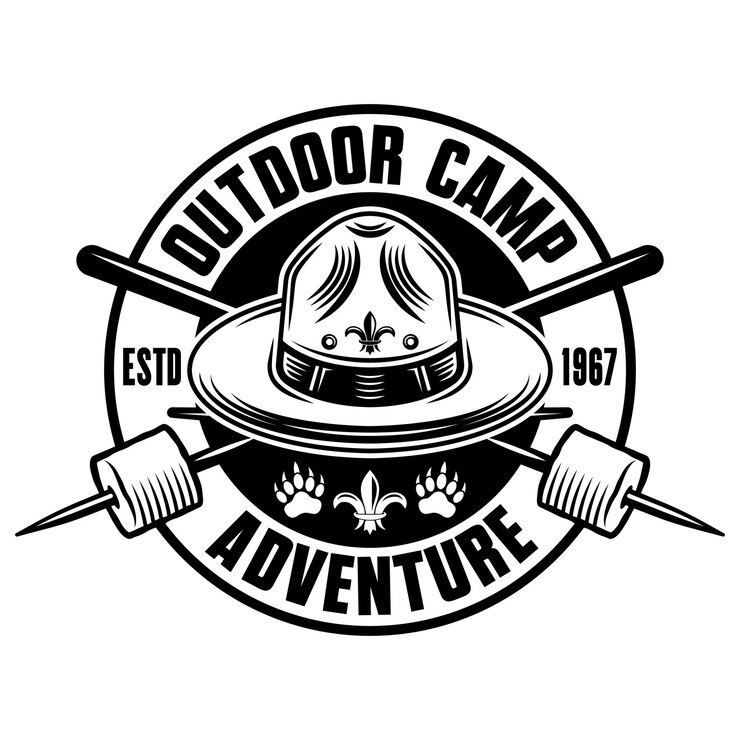 Vector camping monochrome vector emblem badge label or logo in vintage style with boy scout hat and two crossed marshmallow on sticks