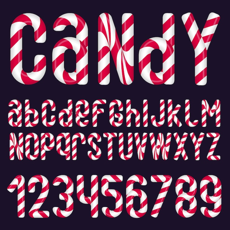 Vector candy cane glossy vector alphabet. set of letters and numbers for christmas decoration.