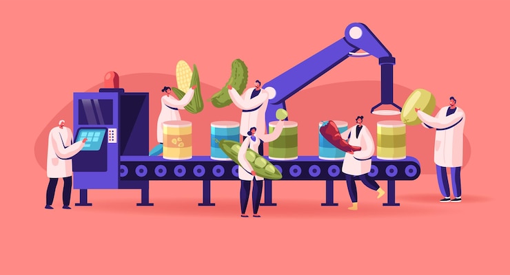 Vector canning factory working process. production of canned vegetables. cartoon flat illustration