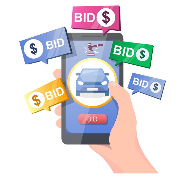 Vector car auction online vector illustration hand holding smartphone with car gavel and bid button on screen auction and mobile bidding concept for web banner website page etc