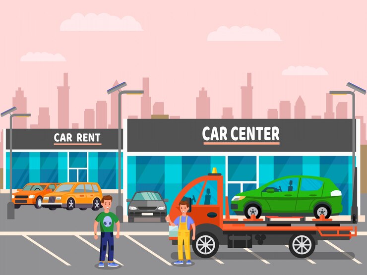 Vector car dealership, rent center vector illustration