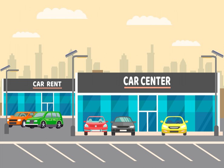 Vector car distribution, rent center vector illustration