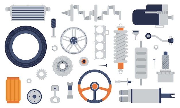 Car flat spare parts Isolated mechanical spares automotive components Wheel battery piston springs Auto repair decent vector elements