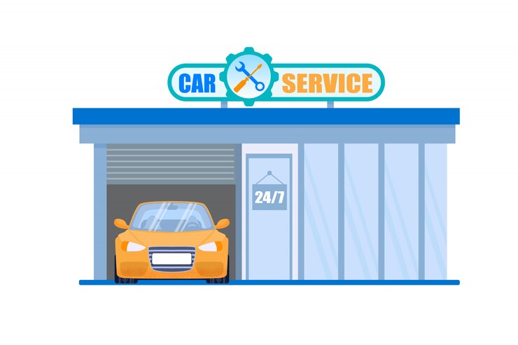 Vector car service garage and maintenance 24 hour machine check  and fix station