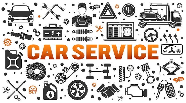 Vector car service horizontal banner. diagnostics, car repair, assistance, tire service for poster, web site, advertising. flat icons like mechanic, tow truck, spark plug. isolated vector illustration