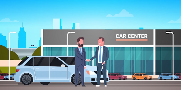 Vector car showroom, purchase sale or rental center seller man giving keys to owner