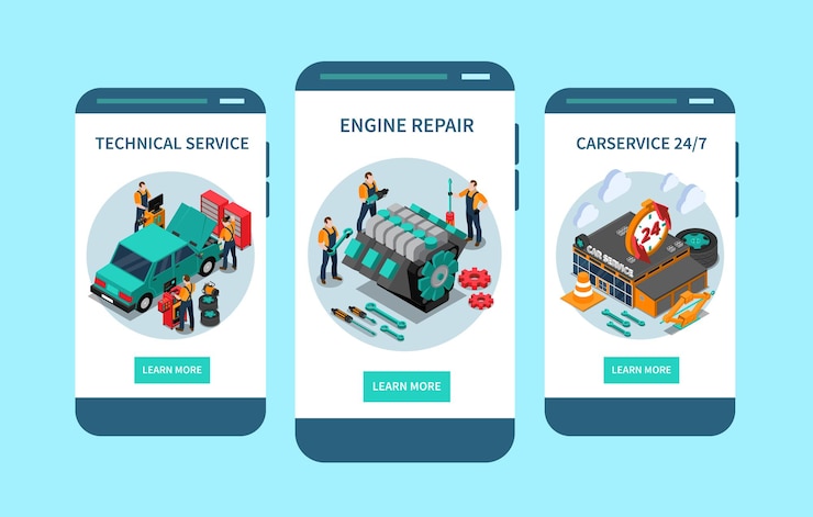 Vector car technical service app mobile screen isometric with engine repair 24 hours access