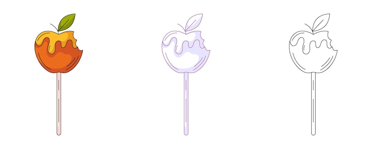 Vector caramel apple on a stick colorful and line icon set traditional halloween sweets vector flat icon