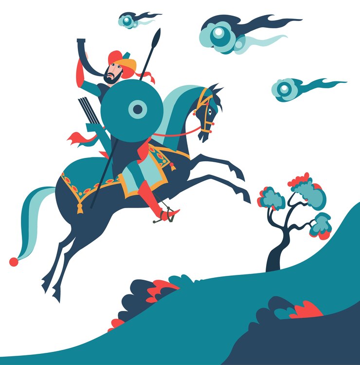 Vector card with arabic solder on horse.