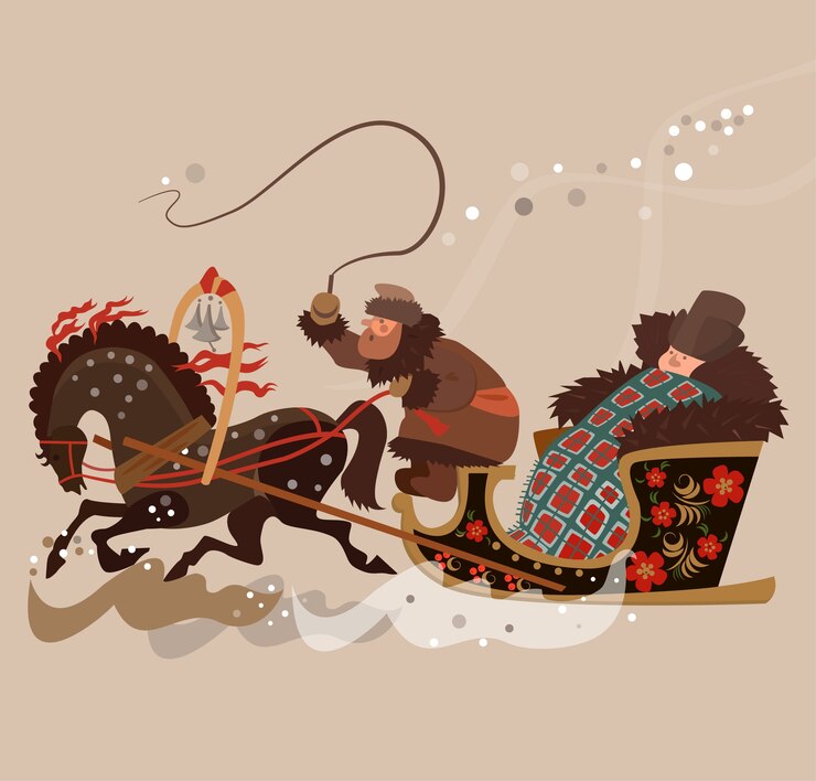 Vector card with old russian sleigh with passenger in winter time.