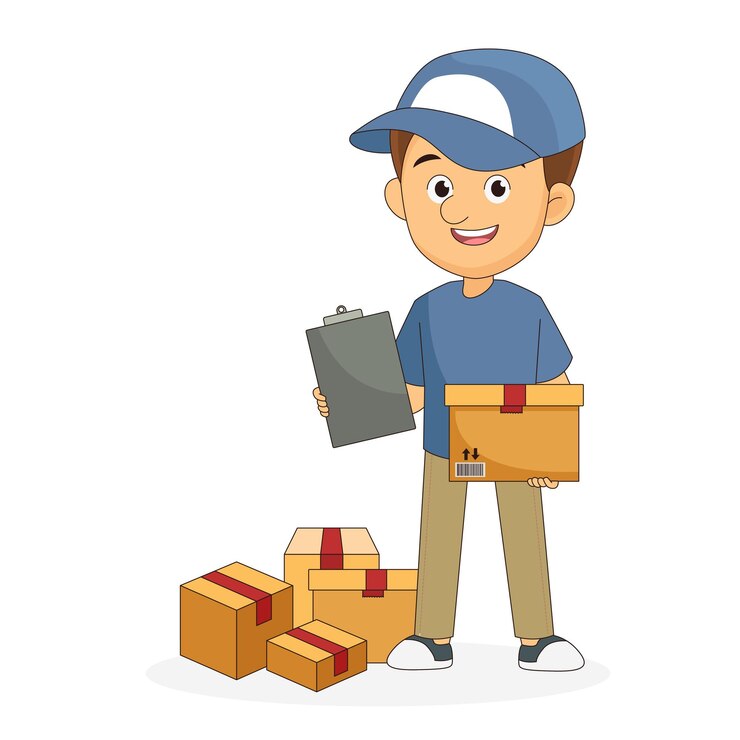 Vector cardboard boxes in warehouse. man workers