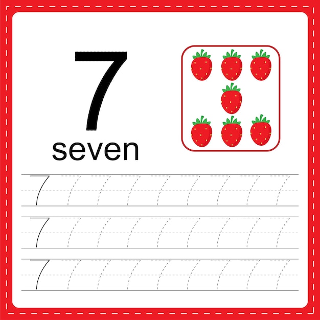 Cards with numbers for children. Trace the line. For kids learning to count and to write. Number 7