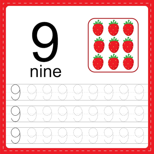Cards with numbers for children. Trace the line. For kids learning to count and to write. Number 9