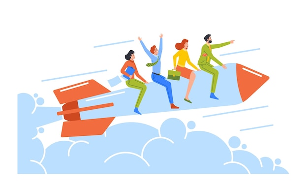 Career Boost Start Up And Leadership Concept Cheerful Business Team Flying On Rocket Office Workers Fly Up To Goal