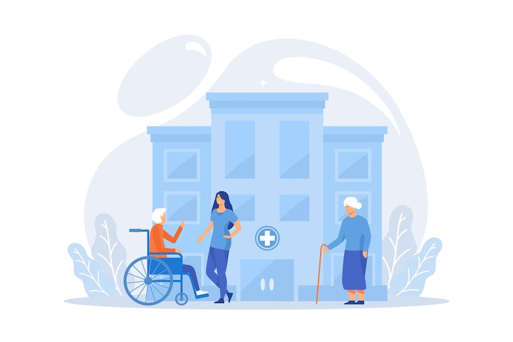 Vector caregiving volunteering disabled patient support hospital assistance elderly care senior homesick