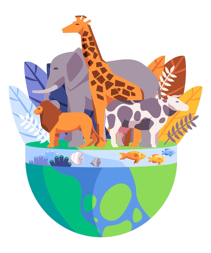 Vector cartoon background with elephant giraffe lion fish and coral reefs in green and blue color