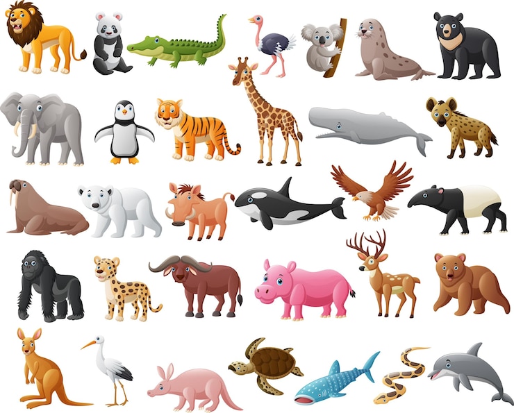 Vector cartoon big set of wild animals
