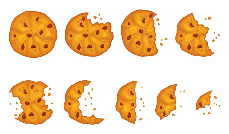 Vector cartoon bitten cookie gradual eating biscuit classic cookies with chocolate pieces crumbs and teeth marks homemade delicious sweet snack sugar bakery product recent vector isolated set