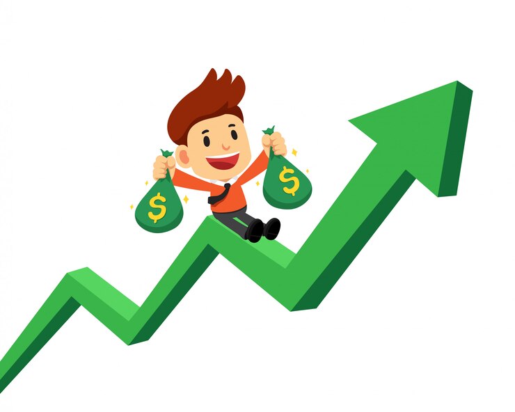 Vector   cartoon businessman holding money bag on green arrow