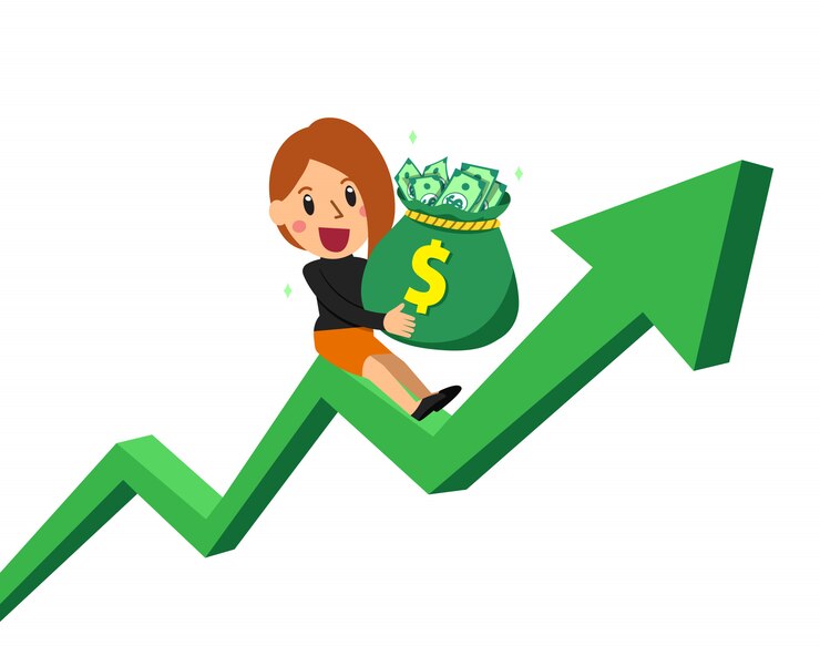 Vector cartoon businesswoman holding money bag on green arrow