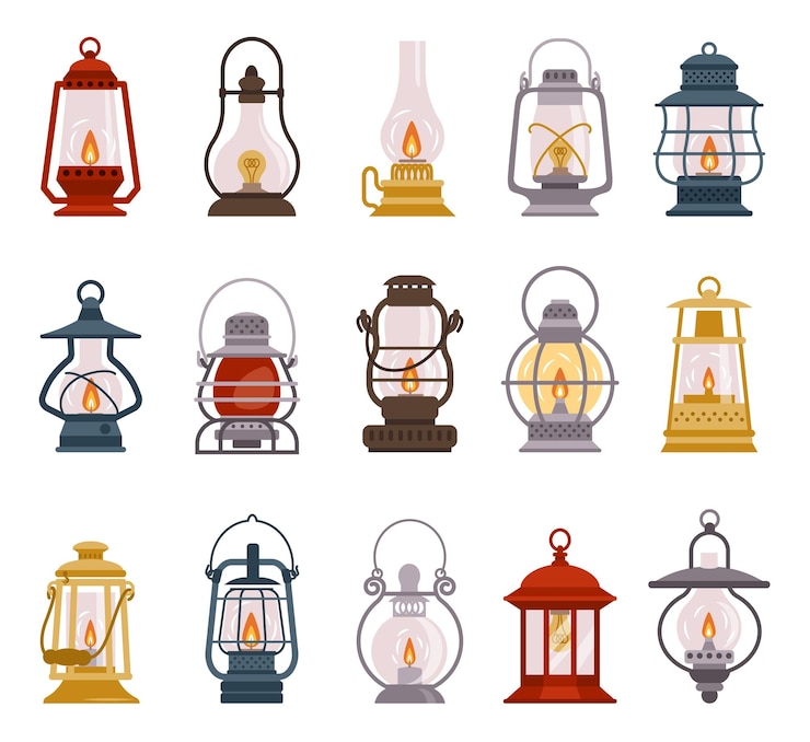 Vector cartoon camp lamp old kerosene and oil rustic vintage lantern with burning wick and holder camping illumination travelers lighting equipment vector isolated tourists retro petroleum lights set