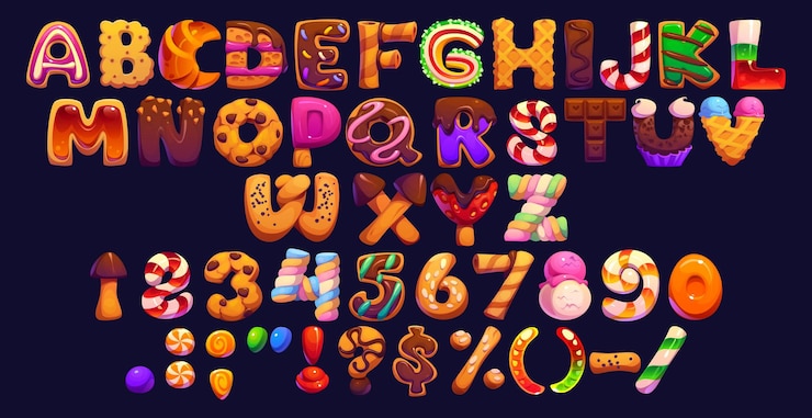 Vector cartoon candy confectionery alphabet of sweets