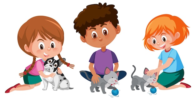 Cartoon character of children playing with their pets