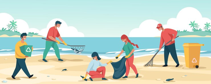 Vector cartoon characters collecting trash and save the environment