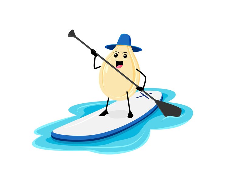 Vector cartoon cheerful pumpkin seed character blissfully paddles on a sup board during summer vacation. isolated vector nut personage basking in the sun and the soothing waves, enjoying beach recreation
