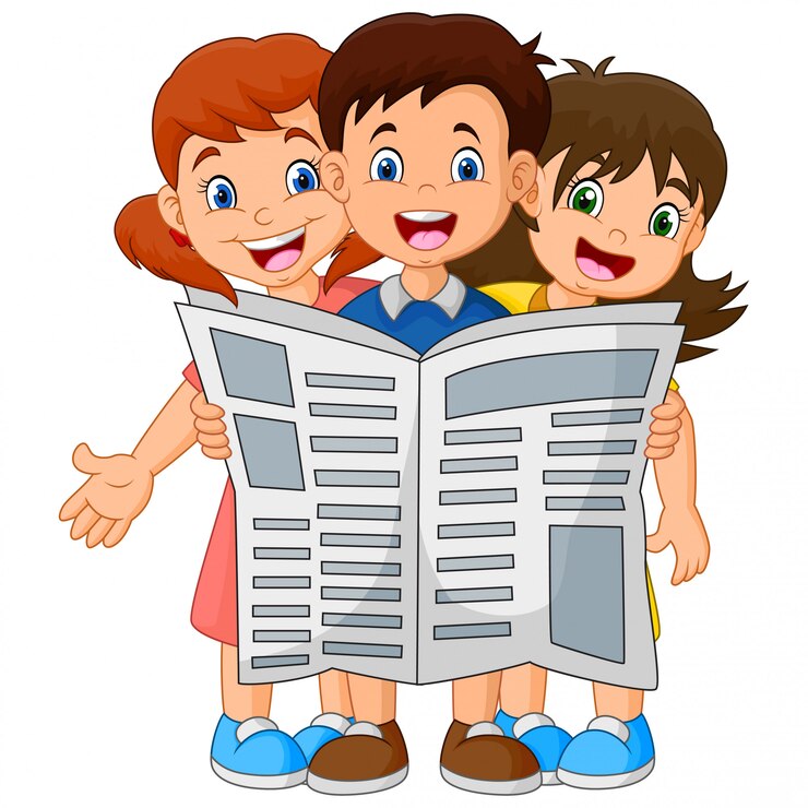 Cartoon children reading a newspaper