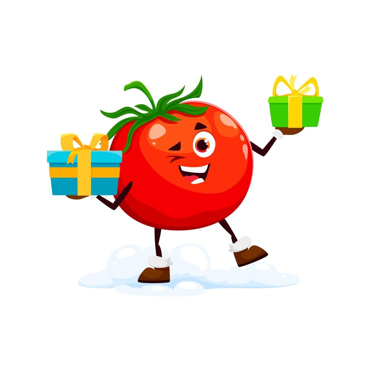 Vector cartoon christmas tomato with santa gift boxes vector vegetable character for winter holiday merry christmas and happy new year greeting of funny tomato with presents for emoji or emoticon