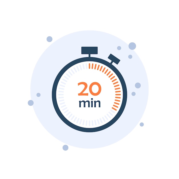 Cartoon clock icon vector illustration 20 min timer on bubbles background Chronometer sign concept
