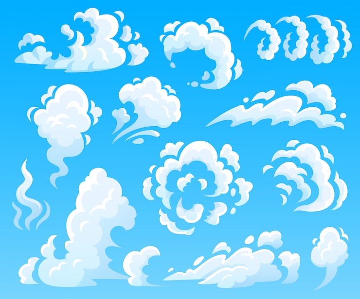 Vector cartoon clouds and smoke. dust cloud, fast action icons. sky  isolated illustration collection