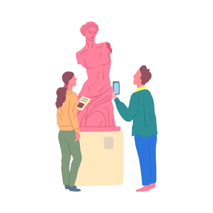 Vector cartoon color characters people gallery visitor and antique statue on a pedestal vector