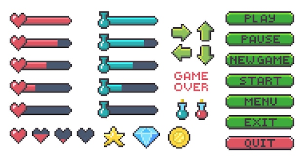 Cartoon Color Pixel Game UI Button Icon Set Vector