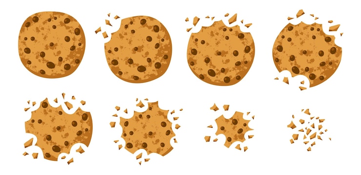 Vector cartoon crunchy cookies bitten tasty biscuits with chocolate drops traditional american sweets snack pastry crumbs and pieces vector set