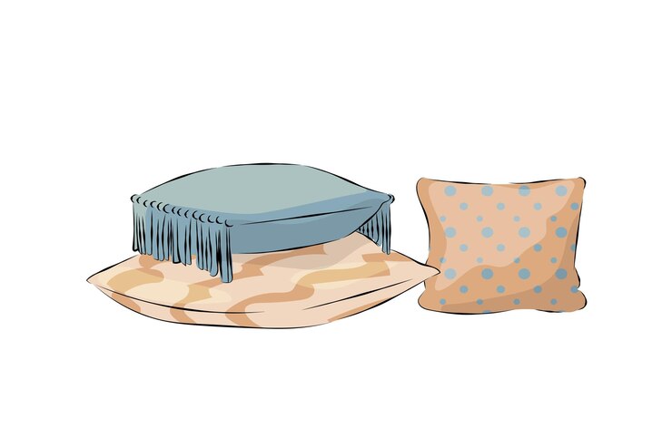 Vector cartoon cushion bedroom pillows composition home interior decorative elements modern geometric ornamental beige and blue print cartoon flat objects vector cushions with patterns set