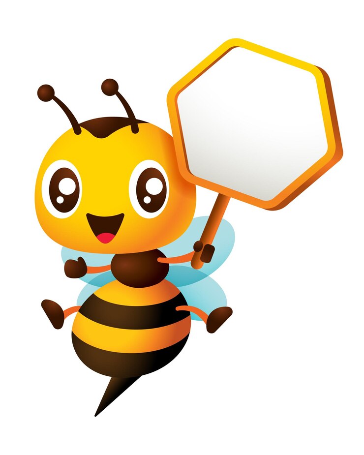 Vector cartoon cute happy bee character holding empty honeycomb shaped signboard