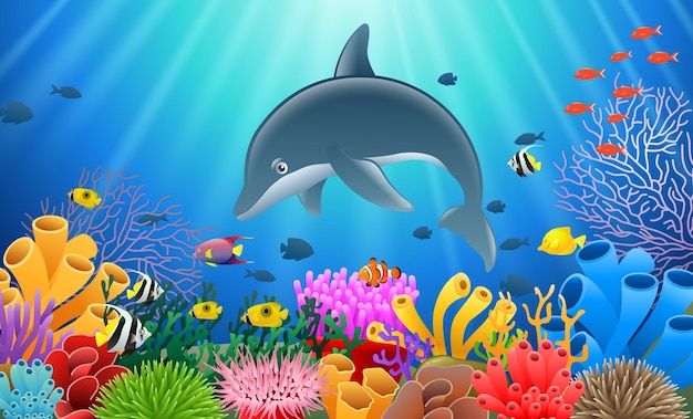 Cartoon dolphin with Coral Reef Underwater in Ocean Vector illustration