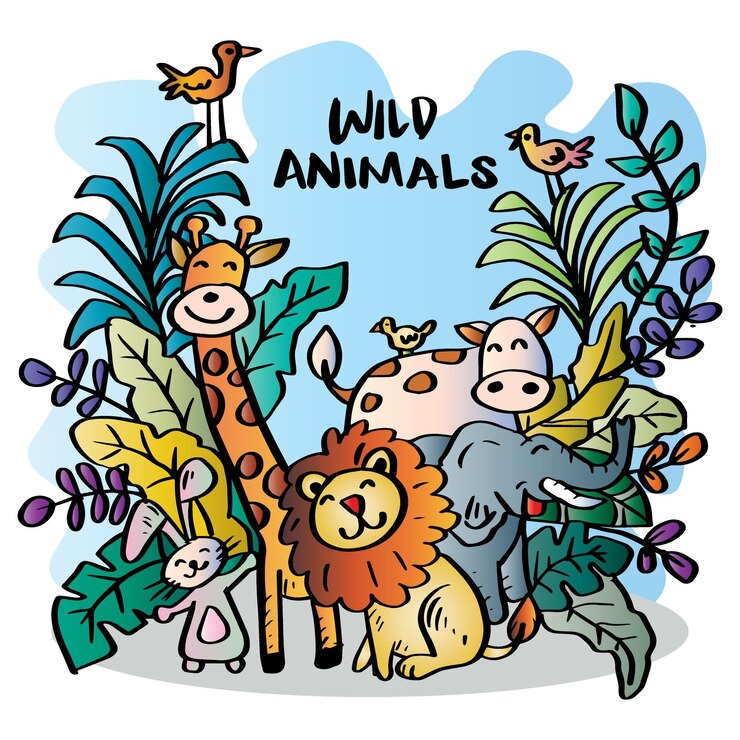 Vector cartoon doodle wild african animals background