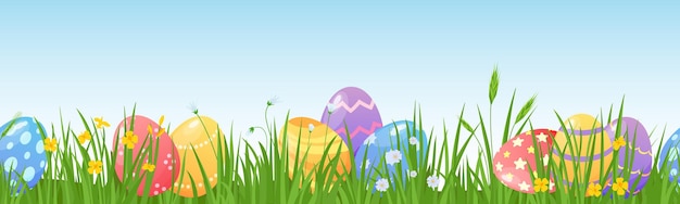 Cartoon easter eggs on meadow green grass seamless border. Spring lawn with painted egg and flowers. Happy easter day hunt vector background
